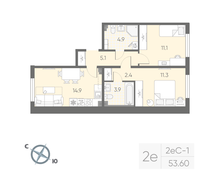 2-комнатная квартира, 53.6 м² в ЖК "Пулково Lake" - планировка, фото №1