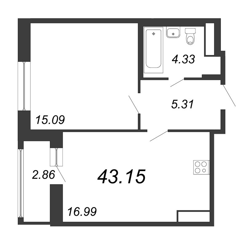 2-комнатная (Евро) квартира, 43.15 м² - планировка, фото №1