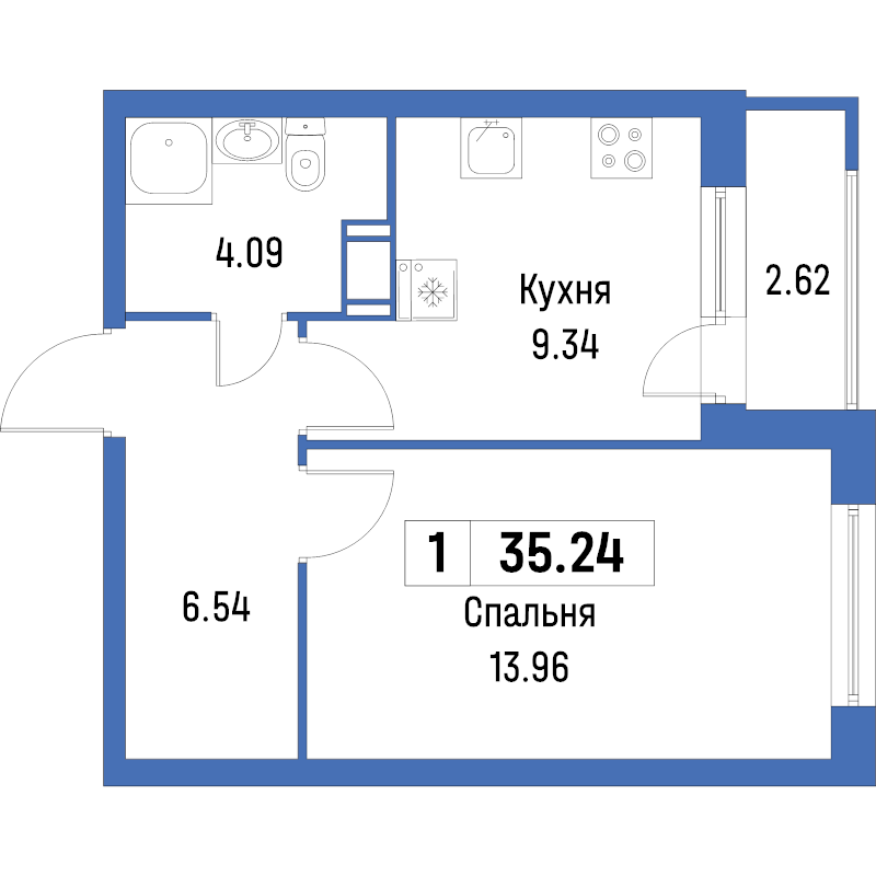 1-комнатная квартира, 35.24 м² в ЖК "Урбанист" - планировка, фото №1