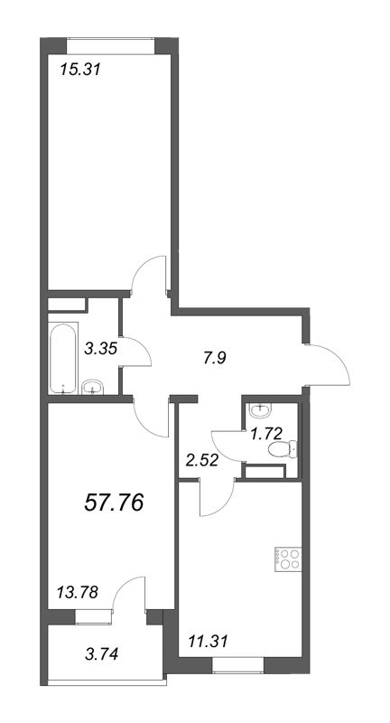2-комнатная квартира, 55.89 м² в ЖК "Юттери" - планировка, фото №1