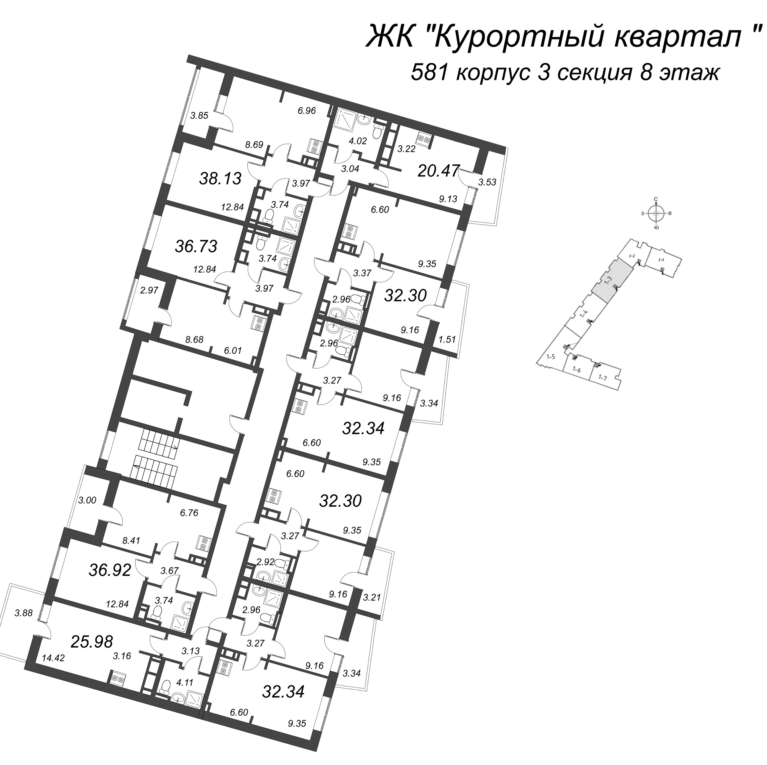 2-комнатная (Евро) квартира, 32.34 м² в ЖК "Курортный Квартал" - планировка этажа