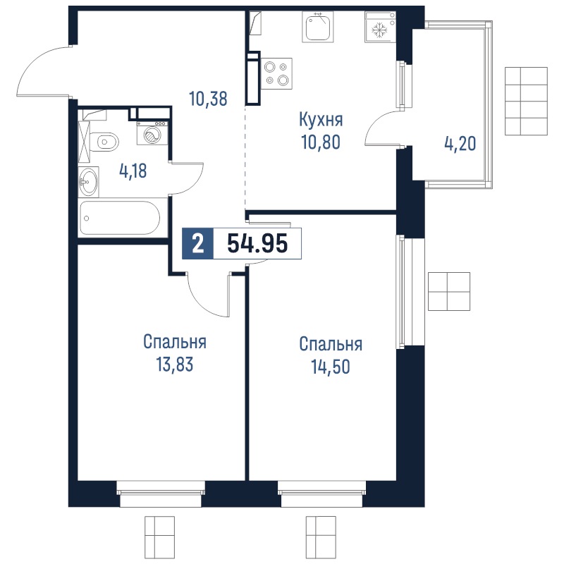 2-комнатная квартира, 54.95 м² в ЖК "Максималист" - планировка, фото №1