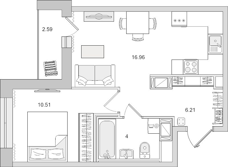2-комнатная (Евро) квартира, 40.27 м² в ЖК "Новые горизонты" - планировка, фото №1