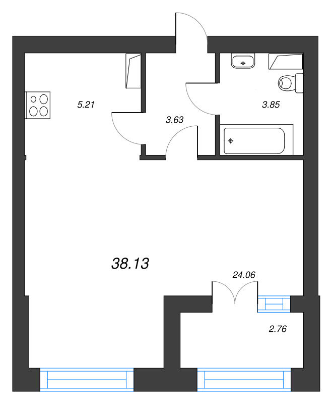 1-комнатная квартира, 38.13 м² - планировка, фото №1