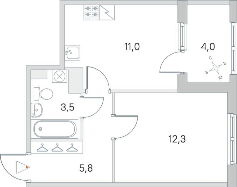 1-комнатная квартира, 32.6 м² в ЖК "ЮгТаун" - планировка, фото №1