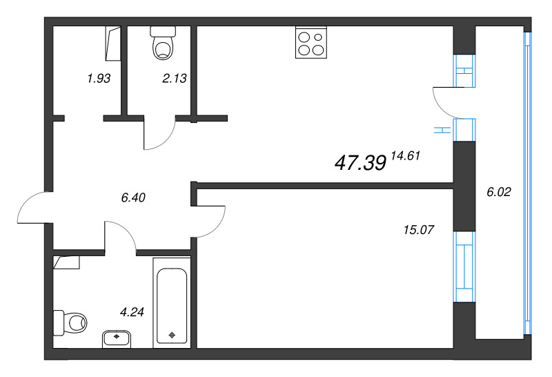 1-комнатная квартира, 47.39 м² в ЖК "Энфилд" - планировка, фото №1