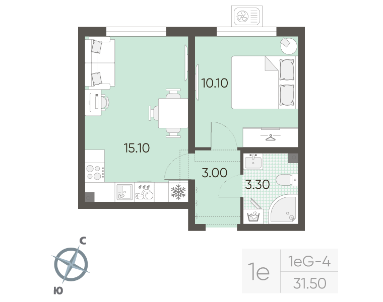 1-комнатная квартира, 31.5 м² в ЖК "Ручьи" - планировка, фото №1
