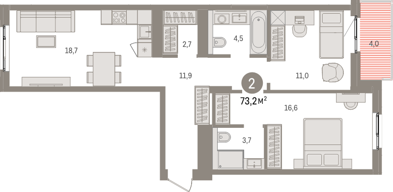 3-комнатная (Евро) квартира, 73.2 м² в ЖК "Брусника в Новоселье" - планировка, фото №1