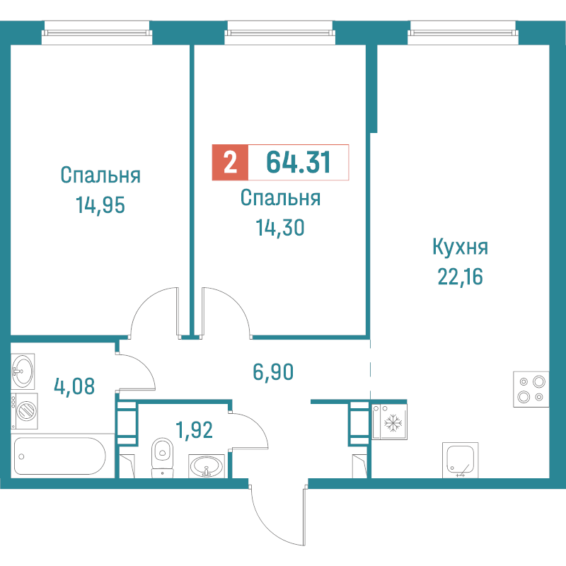 3-комнатная (Евро) квартира, 64.31 м² в ЖК "Графика" - планировка, фото №1