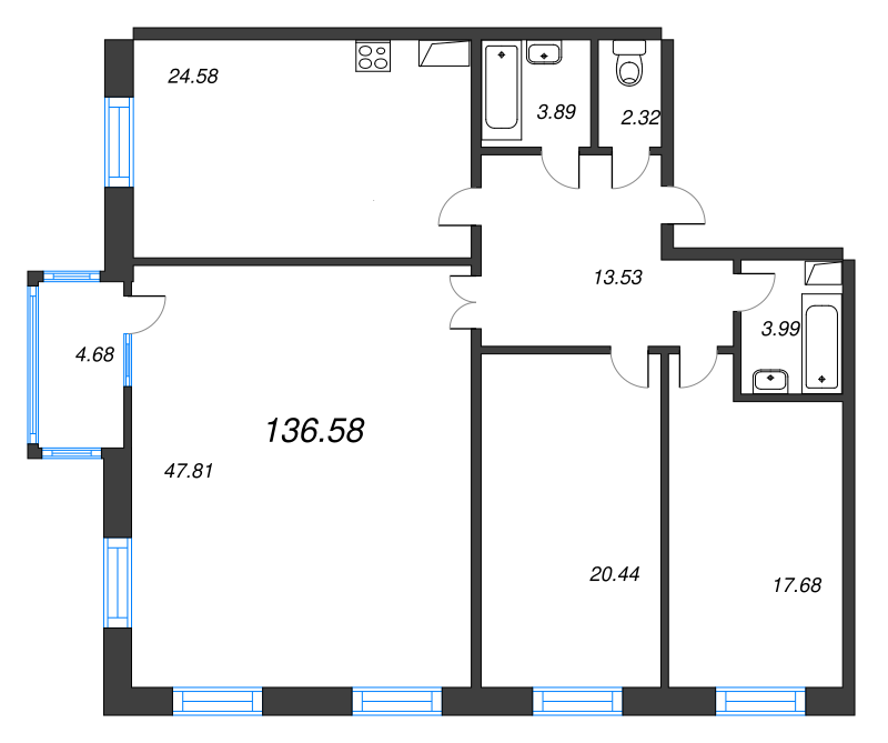 4-комнатная (Евро) квартира, 136.3 м² - планировка, фото №1