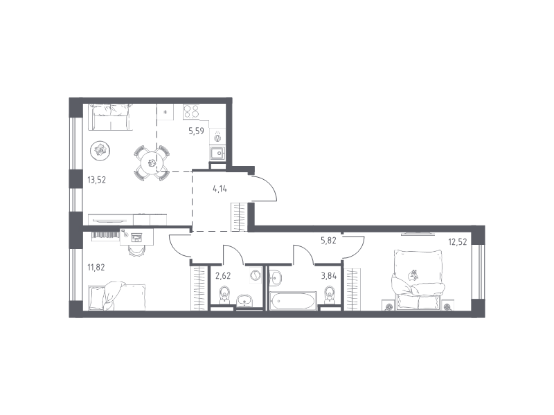3-комнатная (Евро) квартира, 59.87 м² в ЖК "Живи! В Рыбацком" - планировка, фото №1