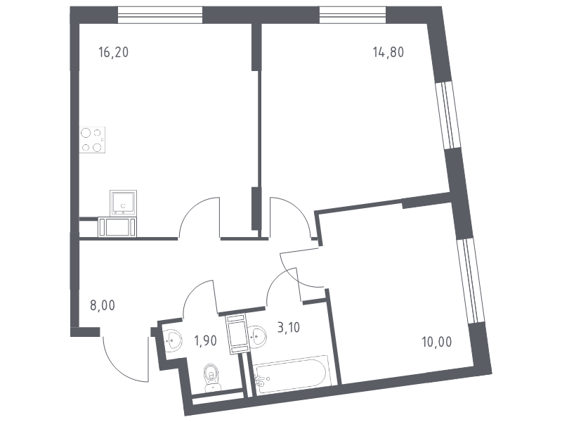 3-комнатная (Евро) квартира, 53.1 м² в ЖК "Курортный Квартал" - планировка, фото №1