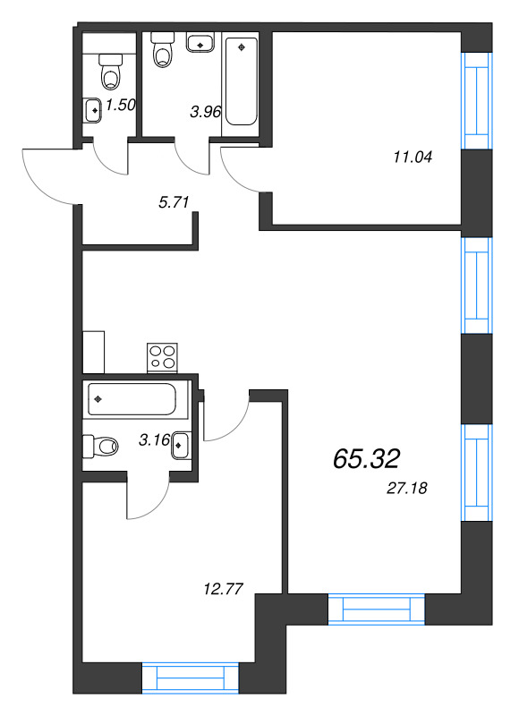 3-комнатная (Евро) квартира, 65.32 м² - планировка, фото №1