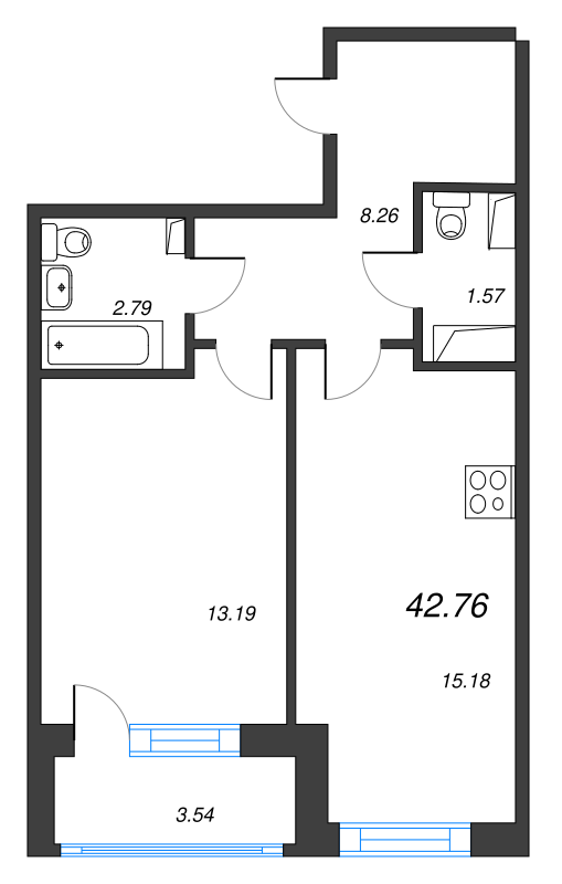 2-комнатная (Евро) квартира, 42.76 м² - планировка, фото №1
