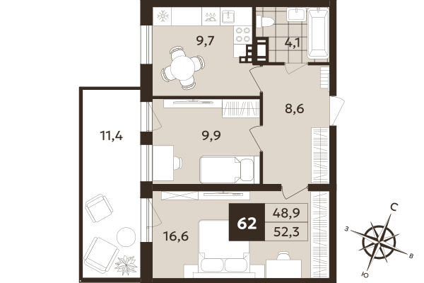 2-комнатная квартира, 48.9 м² в ЖК "Дом на Бронницкой" - планировка, фото №1