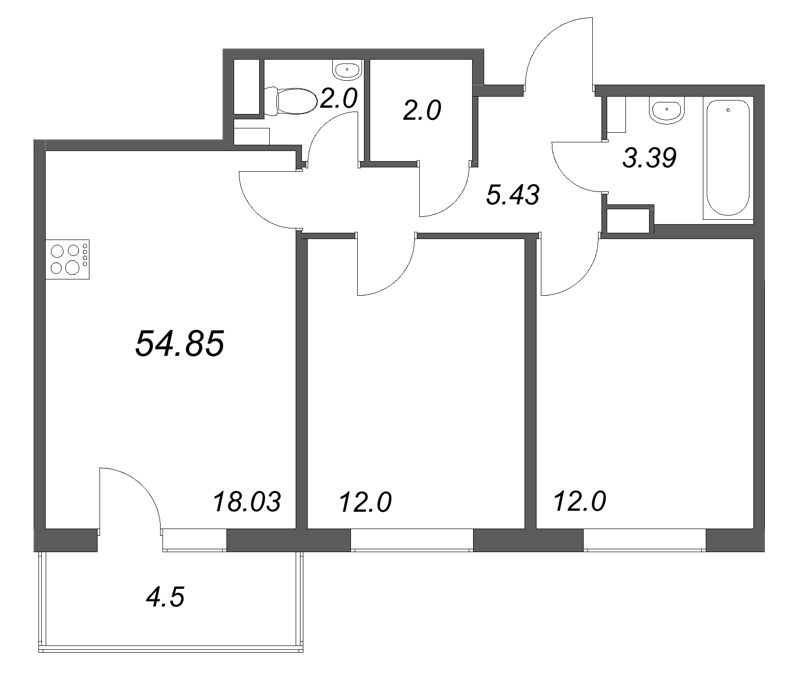 3-комнатная (Евро) квартира, 54.85 м² - планировка, фото №1
