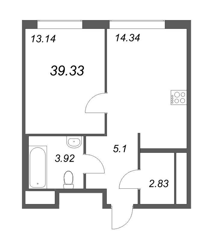 1-комнатная квартира, 39.33 м² - планировка, фото №1