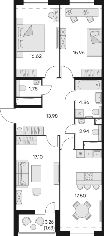 3-комнатная квартира, 92.2 м² в ЖК "GloraX Заневский" - планировка, фото №1