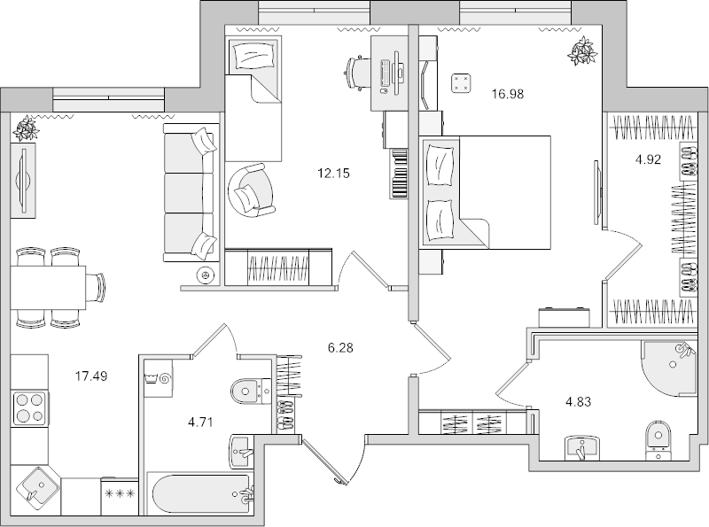 3-комнатная (Евро) квартира, 67.36 м² в ЖК "Dreamline" - планировка, фото №1