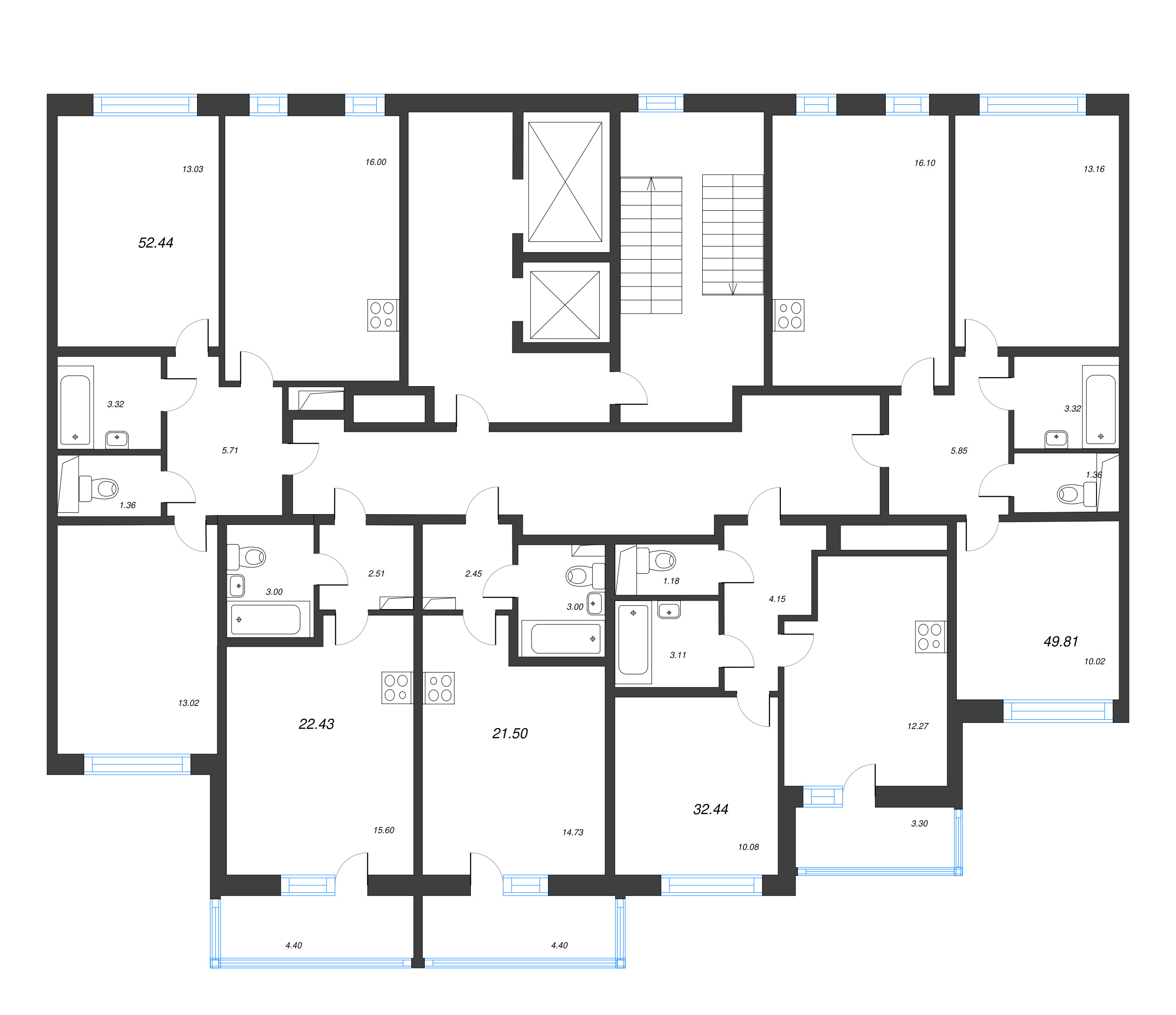 3-комнатная (Евро) квартира, 49.81 м² в ЖК "AEROCITY" - планировка этажа