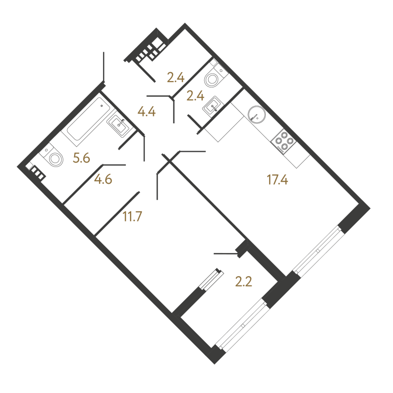 2-комнатная (Евро) квартира, 48.5 м² - планировка, фото №1