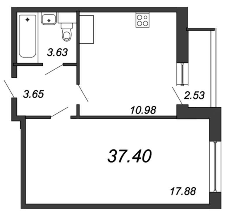 1-комнатная квартира, 37.2 м² - планировка, фото №1