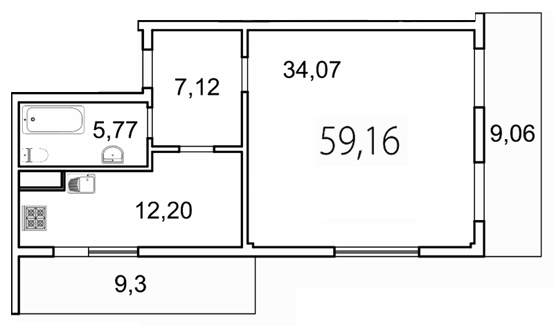 1-комнатная квартира, 64.7 м² - планировка, фото №1