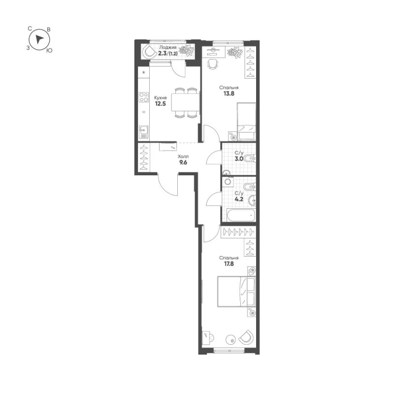2-комнатная квартира, 62.1 м² в ЖК "Ягодное Река Парк" - планировка, фото №1