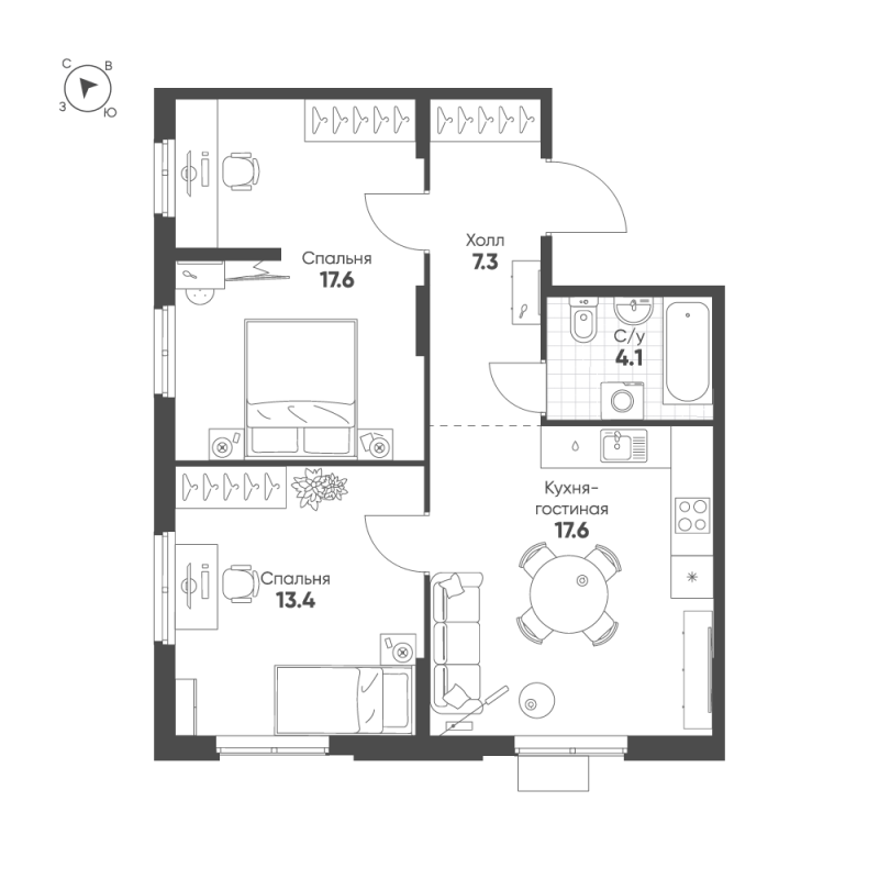 3-комнатная (Евро) квартира, 60 м² в ЖК "Ягодное Река Парк" - планировка, фото №1