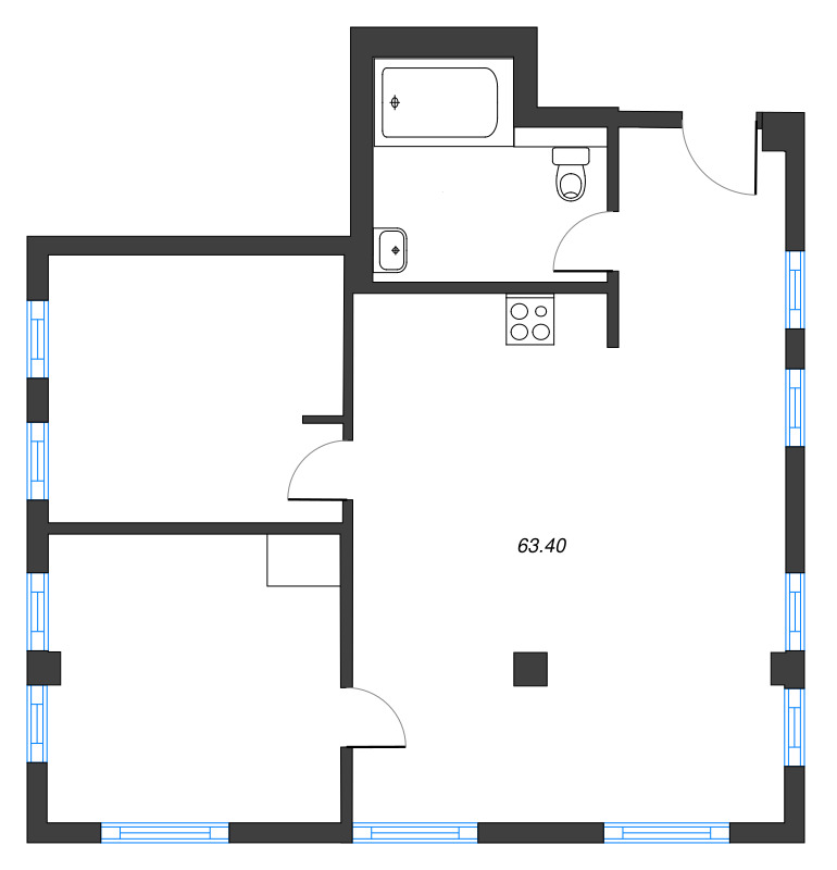 3-комнатная (Евро) квартира, 63.4 м² в ЖК "GLER" - планировка, фото №1