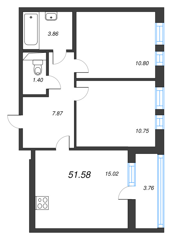 3-комнатная (Евро) квартира, 51.58 м² в ЖК "Аэросити" - планировка, фото №1