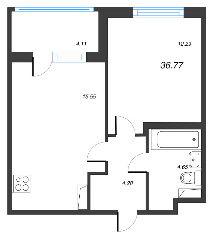 2-комнатная (Евро) квартира, 36.77 м² - планировка, фото №1