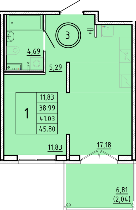 2-комнатная (Евро) квартира, 38.99 м² - планировка, фото №1