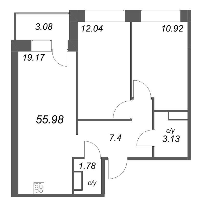 2-комнатная квартира, 55.98 м² в ЖК "Уютный" - планировка, фото №1