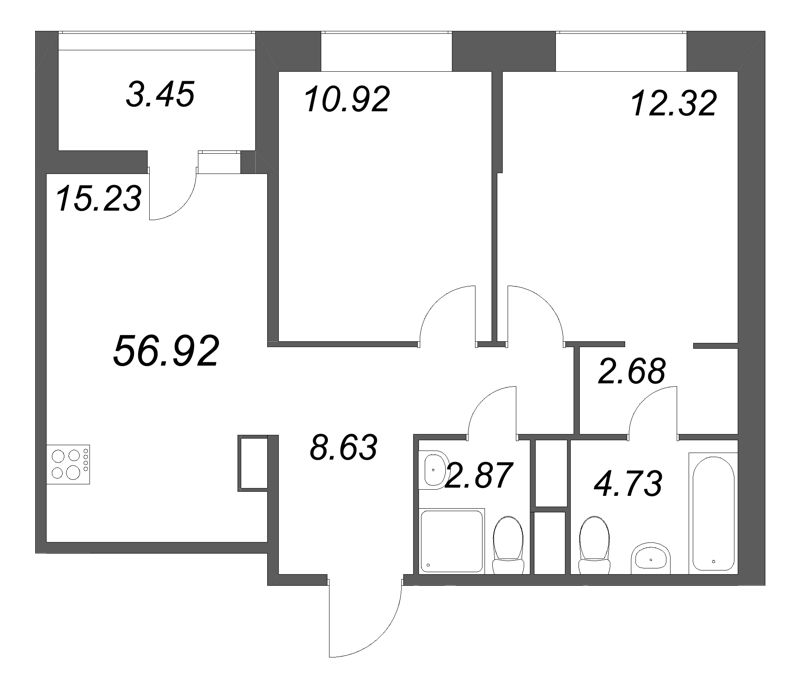 3-комнатная (Евро) квартира, 56.92 м² в ЖК "Ультра Сити 3.0" - планировка, фото №1
