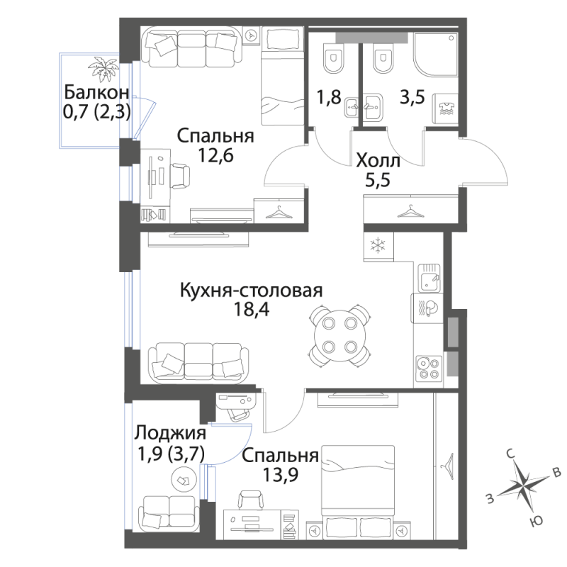 3-комнатная (Евро) квартира, 58.3 м² в ЖК "Экография" - планировка, фото №1