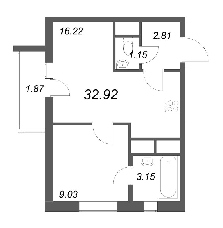 2-комнатная (Евро) квартира, 32.92 м² в ЖК "Южный форт" - планировка, фото №1