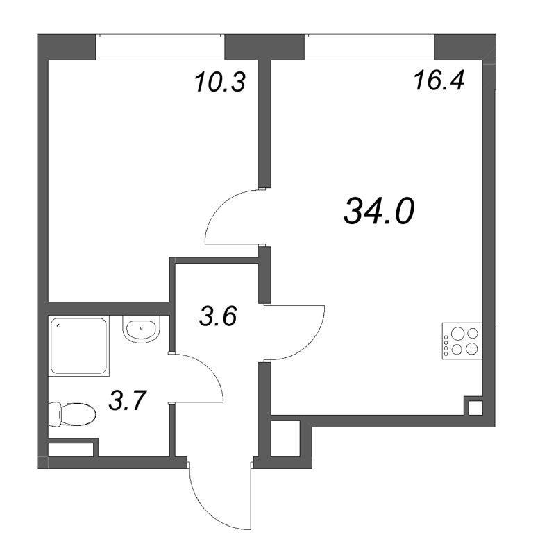 2-комнатная (Евро) квартира, 34 м² в ЖК "Пулково Lake" - планировка, фото №1