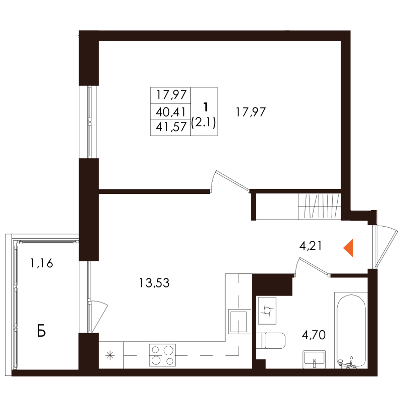 1-комнатная квартира, 41.57 м² - планировка, фото №1