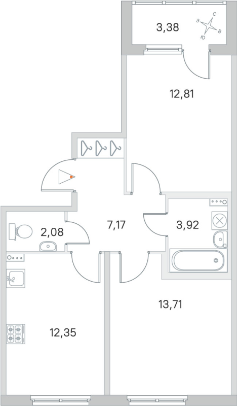 2-комнатная квартира, 52.04 м² - планировка, фото №1