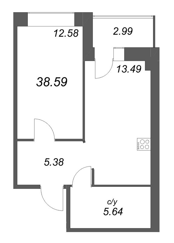 1-комнатная квартира, 38.59 м² в ЖК "Уютный" - планировка, фото №1