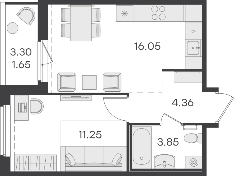 2-комнатная (Евро) квартира, 37.16 м² - планировка, фото №1