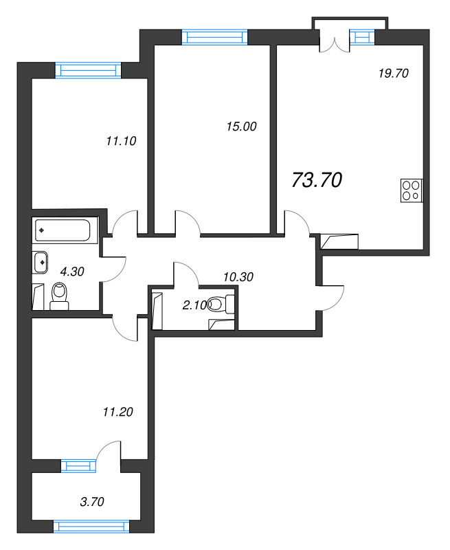 4-комнатная (Евро) квартира, 73.7 м² в ЖК "Дубровский" - планировка, фото №1