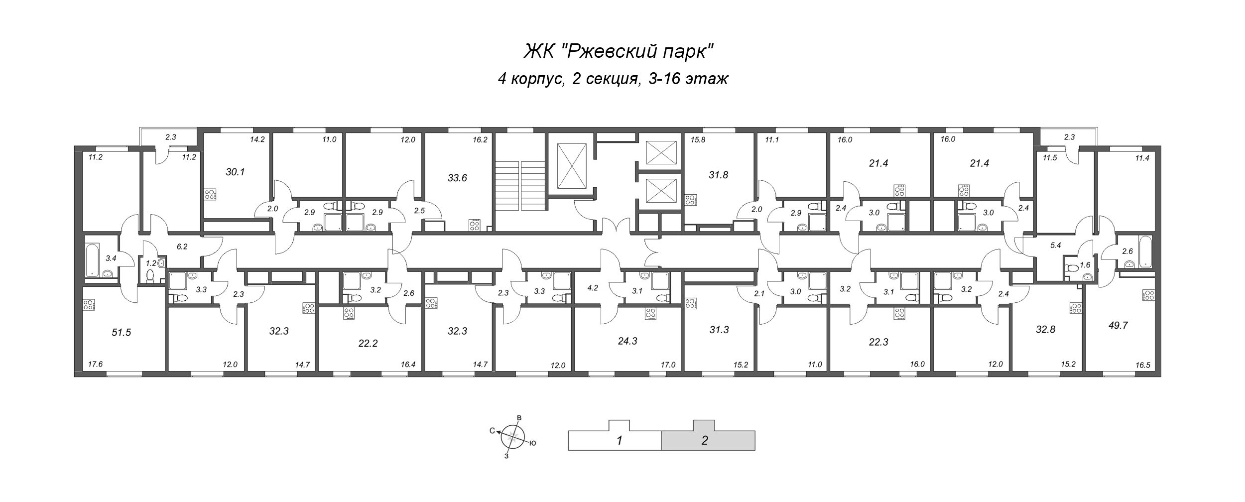 1-комнатная квартира, 32.3 м² в ЖК "ЛСР. Ржевский парк" - планировка этажа