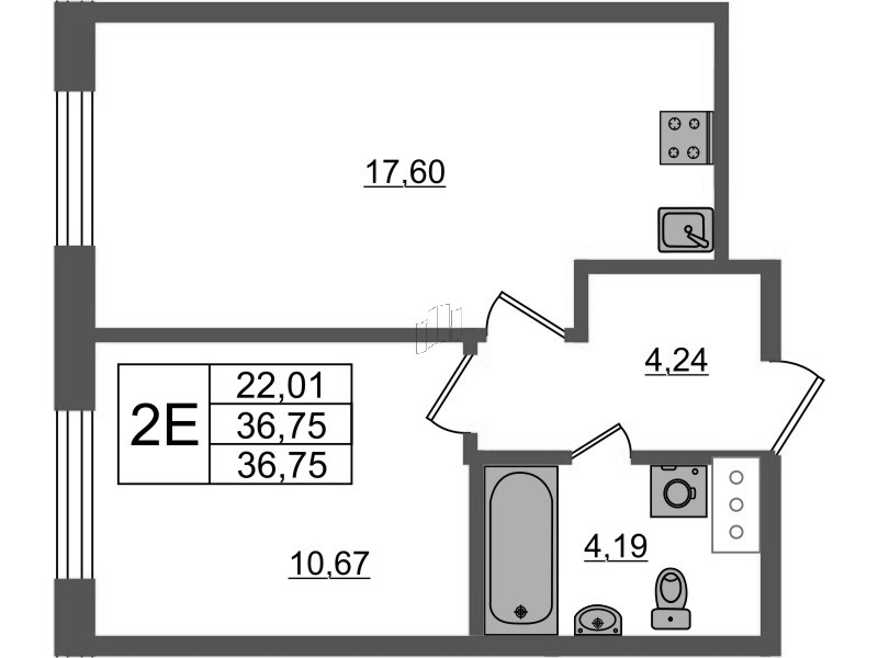 2-комнатная (Евро) квартира, 37.85 м² в ЖК "Аквилон Янино" - планировка, фото №1