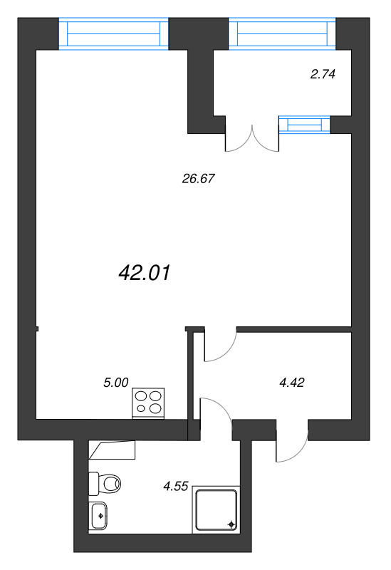 1-комнатная квартира, 42.01 м² - планировка, фото №1