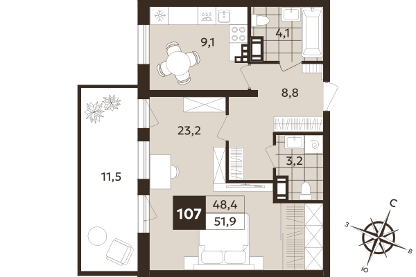 1-комнатная квартира, 48.4 м² в ЖК "Дом на Бронницкой" - планировка, фото №1