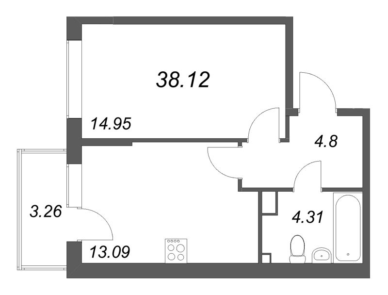 1-комнатная квартира, 38.13 м² - планировка, фото №1