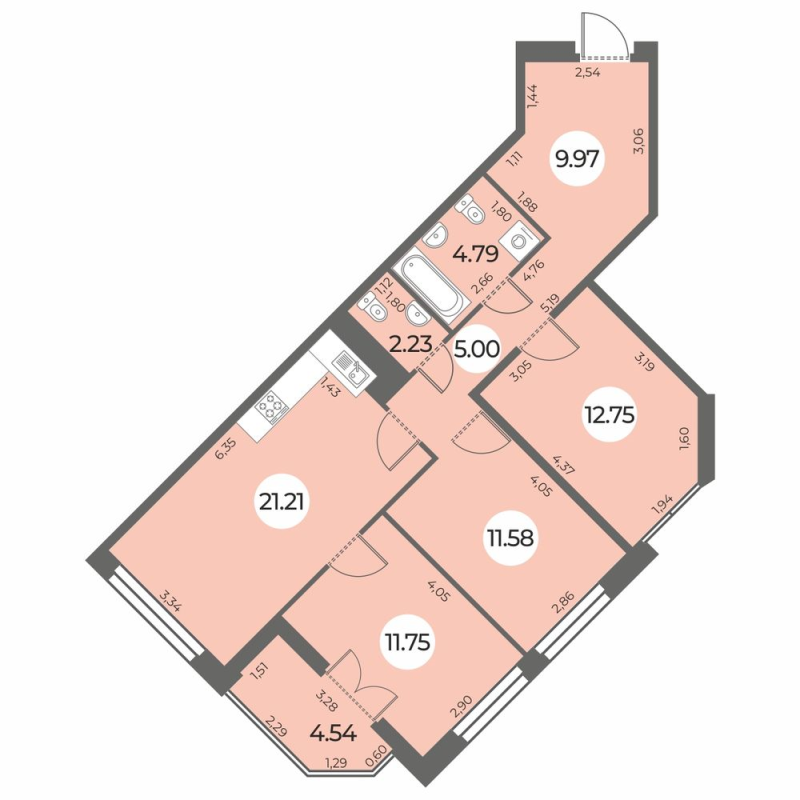 4-комнатная (Евро) квартира, 81.55 м² в ЖК "Огни Залива" - планировка, фото №1