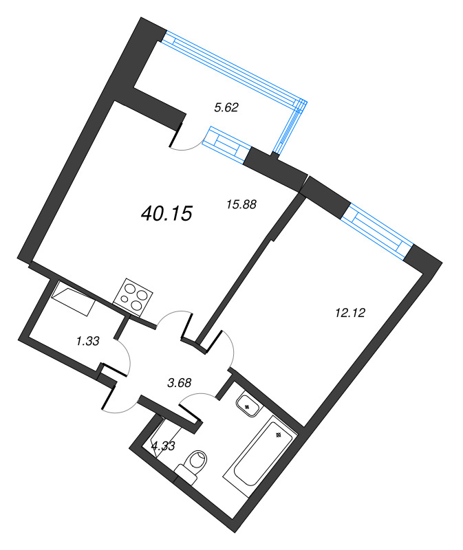 2-комнатная (Евро) квартира, 40.15 м² в ЖК "Дом Левитан" - планировка, фото №1
